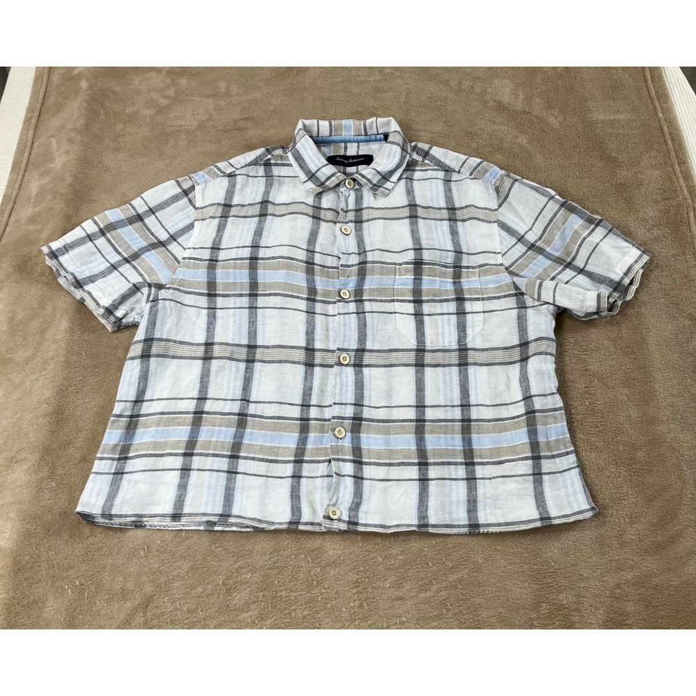 Tommy Bahama Shirt Mens size L Linen Plaid Short Sleeve Button Up Tailored